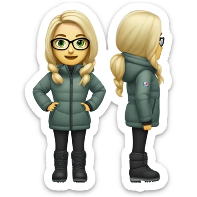 Green-eyed, fat female skier with long straight blonde hair, glasses, grey snow jacket, long black pants, black only snow boots standing tall. sticker