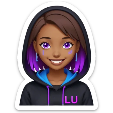 brown haired girl with a bob and blue eyes wearing black hoody with violet letters "Lu", laughs. Cyberpunk style. Violet neon. sticker