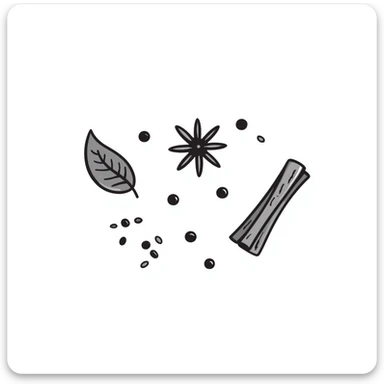 Hand-drawn collection of spices including peppercorns, bay leaves, cinnamon sticks, and star anise sticker