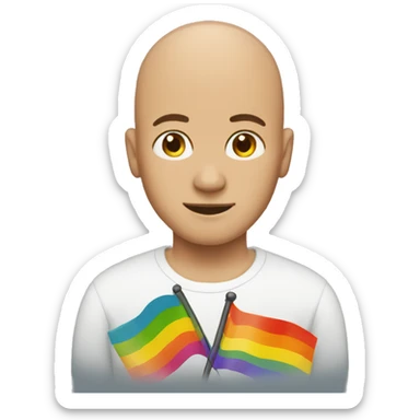 a bald man with a gay flag sticker