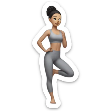 Pale skinned fit woman In a gray tight yoga suit and wristbands With black hair in a bun doing yoga sticker