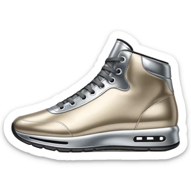 A pair of futuristic sneakers emoji made of silver chrome, sleek streetwear design, smooth metallic panels, subtle reflections, luxury swag aesthetic, iOS emoji style, centered, clean white background sticker