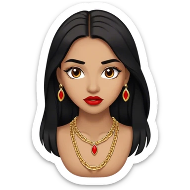 Woman, light brown skin, black long hair, medium arched eyebrows, brown eyes, full lashes, and red lips wearing a gold necklace chain sticker