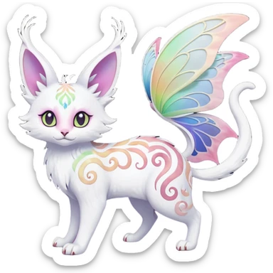 Pure-snow-White albino iridescent with pastel rainbow-gradients-color-markings with swirly patterns butterflies  faerie-Noivern-Noibat-Purloin-Torracat-Lykoi-Caracal-cat-Fakemon-fusion-hybrid-creature-scared sticker