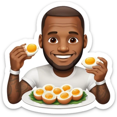 LeBron James smiling while eating eggs and fish with sun rays shining sticker