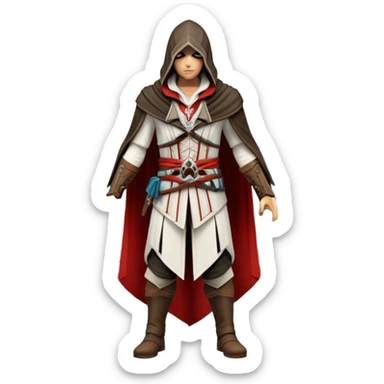 icon featuring Assasin's Creed in an iconic assassin's hood, standing tall against the backdrop of Florence. The design captures the essence of adventure, with intricate details of historical architecture and a sense of mystery. The character is poised, ready for action. transparent background. sticker