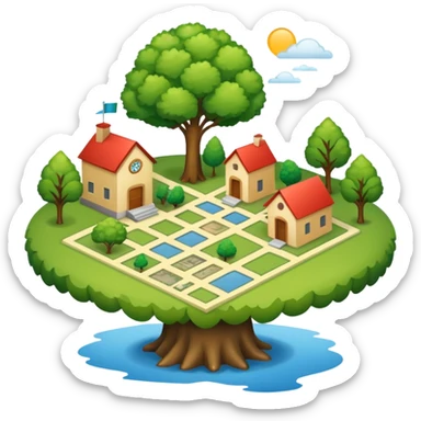 An icon featuring a local map, and regional landmarks, symbolizing local gardening. The design includes a tree, and 1 building, representing the unique geography and culture of a specific area. Transparent background highlights the exploration of local history and environment. sticker