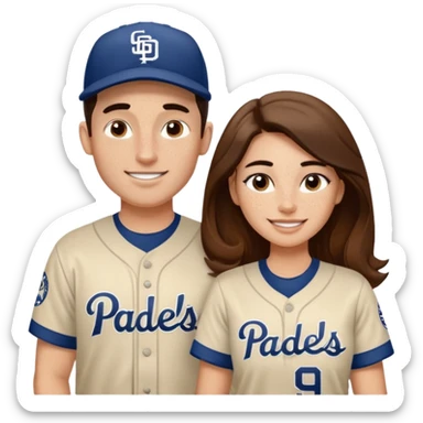 *White* Smiling couple. Woman has big cheeks and a lot of freckles on the nose. long brown hair. Man has black and very short hair and prominent eyebrows with egipcian nose. Both are wearing “Los Padres” baseball jerseys and with a sign that says “Go Padres!” sticker