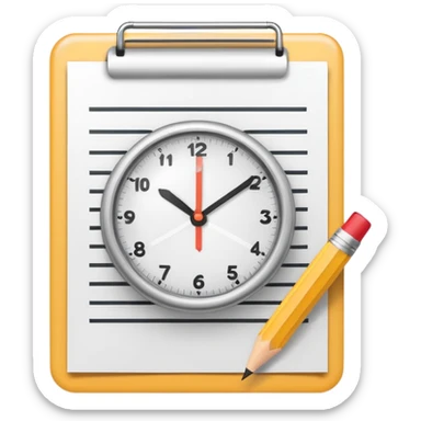 modern minimal emoji-style icon for 'Task 1' in a writing test, a document with a pencil and a small clock overlay, representing writing and time management, educational, clear sticker