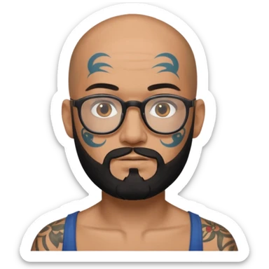 bald man with black beard, glasses, and face tattoos sticker