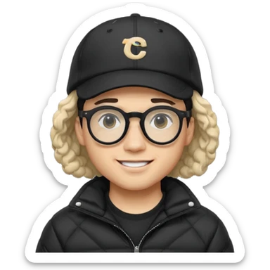 Young man wearing a black puffer jacket, black baseball cap, round black glasses, wavy hair peeking out from under the cap, smiling
 sticker