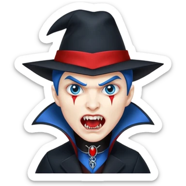 Vampire with blue hat,black coat with read collared ,teeth looks like vampire with aggression on face, full body. sticker
