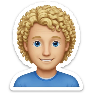 male software developer with blonde curly hair and blue eyes, smiling, simple and friendly sticker