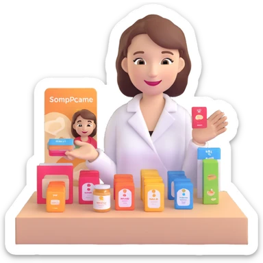 woman handing out product samples to customers outdoors, smiling, with a product display table sticker