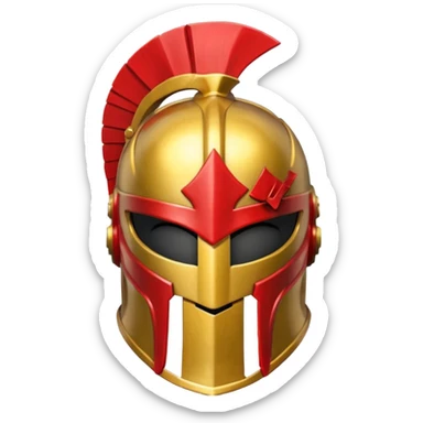 a golden Spartan helmet with a red crest sticker