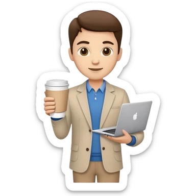 business owner confidently, holding a closed laptop in one hand and a takeaway coffee cup in the other. The character wears casual-smart clothes. sticker