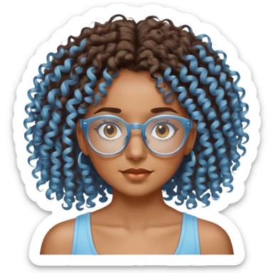 Chica morena cabello crespo con lentes transparentes y ojos cafés y blusa  de tiras color azul claro. sticker