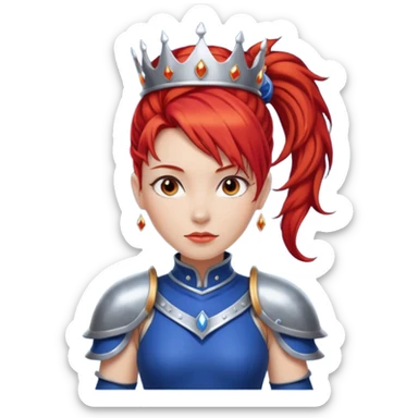 Red Haired Princess, Warrior Princess – fiery red ponytail, silver armor over royal dress, confident stance, silver crown sticker