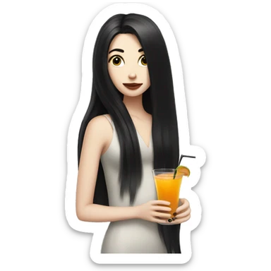 Pale girl with long black hair with chest holding cocktail sticker