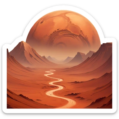🔥 Cinematic Realistic Mars – A striking, high-resolution image of the Red Planet, featuring its iconic rust-colored terrain, deep canyons, and towering volcanoes. Swirling dust storms can be seen in the thin Martian atmosphere, with sunlight casting long shadows over its desolate, rocky landscape. sticker