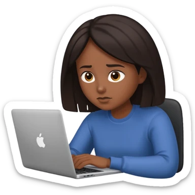 The central figure is an emoji of a person with dark hair with laptop sticker
