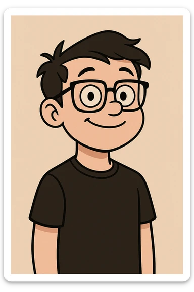 white boy with blue eyes, black glasses, black t-shirt, smiling, cartoon style sticker
