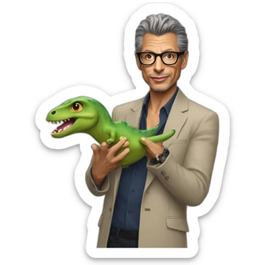 Jeff Goldblum holding a tiny dinosaur sticker