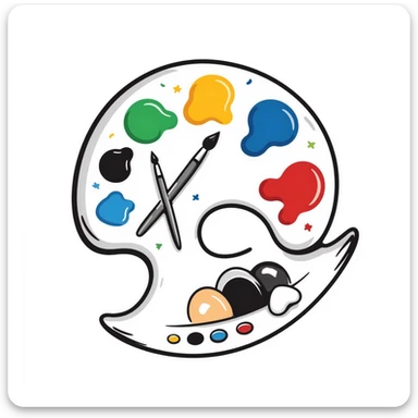 Detailed artist's palette with colorful paint blobs, palette holes, and paintbrushes. Sticker-like appearance with detailed doodle style and transparent background. sticker