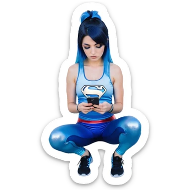 Disapponted-big tears-head back texting on phone-very very large upper body-sexy face-bending forward at waist-very long very straight dark blue to light blue ombre hair-and-blue eyes-thick black eyeliner-long eyelashes-iridescent blue lowcut tanktop with black leggings with glitter superman logo sticker