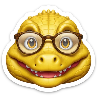 Cocodrilo feliz con boca cerrada mirando de frente que tengan lentes y sea color amarillo con fondo blanco sticker