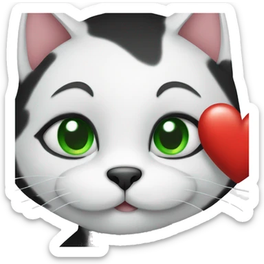  Black and white cat with green eyes holding a heart sticker