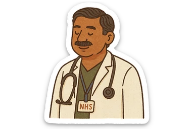 A caring middle aged indian male doctor with a stethoscope with a lanyard badge which reads 'NHS' He is standing sticker