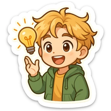 bright and expressive male visionary, fair skin, tousled golden hair, wide joyful eyes, wearing a green hoodie over a yellow tee, one hand raised with a glowing lightbulb, waist-up, front-facing sticker