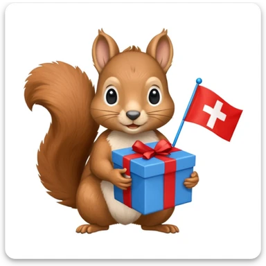 realistic squirrel holding a blue gift box in one hand and a red Swiss flag in the other, both objects clearly visible, simple white background, the gift is a different color from the flag sticker