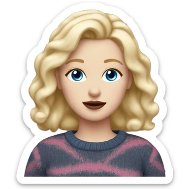 White woman with blonde hair, black pink sweater, blue eyes, red lip￼ sticker