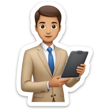 business executive confidently, holding a digital tablet or folder. The character wears smart business attire sticker