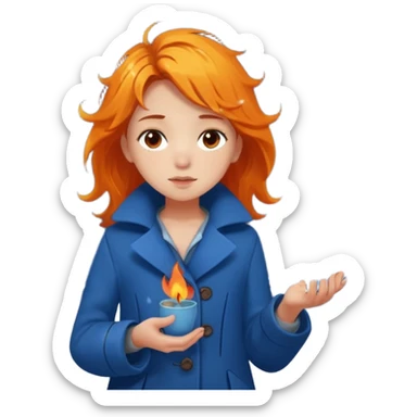 A barefoot girl in a tattered blue coat, cupping a tiny flame gently while snowflakes fall on her hair.
 sticker