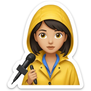 dark haired woman with rain coat and microphone sticker