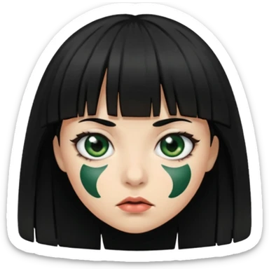 Mulher de franja cabelo preto pele verde bem escuro com a cara machucada com os olhos regalado fundo escuro sticker