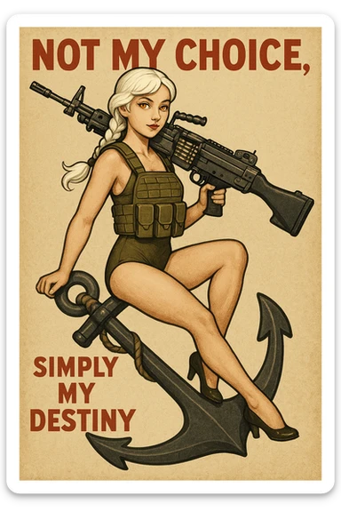 a retro military pinup " not my choice, simply my destiny "
; female figure young,gorgeous, white hair 1 braid, gold yellow eyes, riding side-saddle on a massive anchor , with a massive LMG 249,  wearing a swimsuit with plate-carrier sticker
