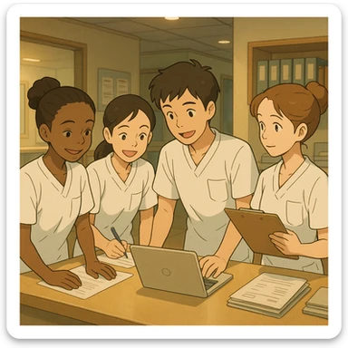 Four nursing students inspired by provided photos, working together in a care station, Ghibli style, white short-sleeve uniforms without collar stand or stethoscopes, no clothing extending from sleeves, medical tunic tops with V-neck and left chest pocket, warm and professional atmosphere. sticker