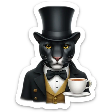 Panther wearing top hat and a monocle holding tea sticker
