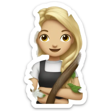 Girl barista hiding behind a tree sticker