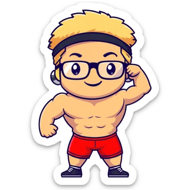 Man with black and white cap, shirtless muscular body, red shorts, clear glasses, messy light blond mullet hairstyle, flexing muscles and smiling sticker
