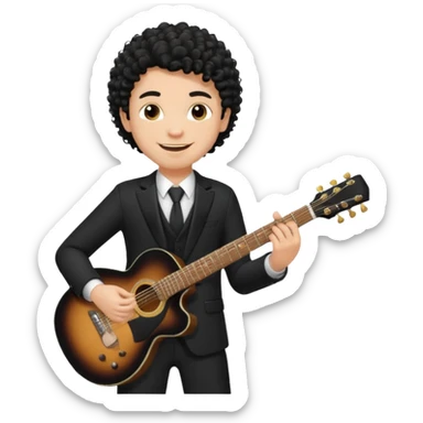A white boy with black fade curly hair Smiling and holdijg a guitar in a black suit  sticker