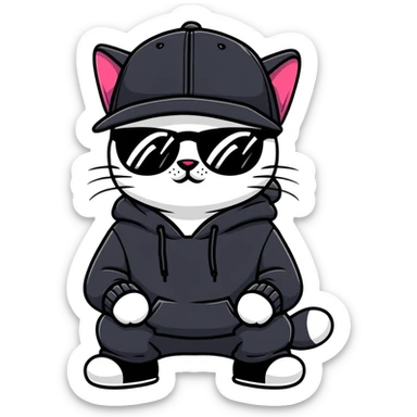 cat wearing a black snapback cap and black hoodie, with black sunglasses positioned low on his nose, looking directly at the viewer over the top of his sunglasses with a cool expression, doing graffiti with spray paint sticker