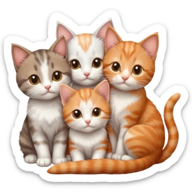 3 tiny kittens cuddling together all different colours, the first one is grey and white, the second is ginger and white and the third is brown tabby and white sticker