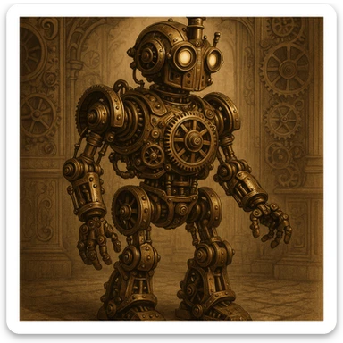 steampunk robot, gears, brass, Victorian style, intricate mechanical details, vintage aesthetic sticker