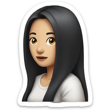 A head and shoulders shot of a 31 year old Asian woman, with long black hair,   with brown eyes wearing a t-shirt. sticker