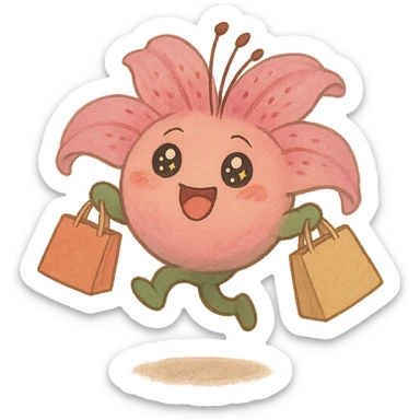 pastel magenta lily flower with sparkling eyes and open mouth, jumping with joy while holding shopping bags, round and bouncy, soft ghibli style sticker